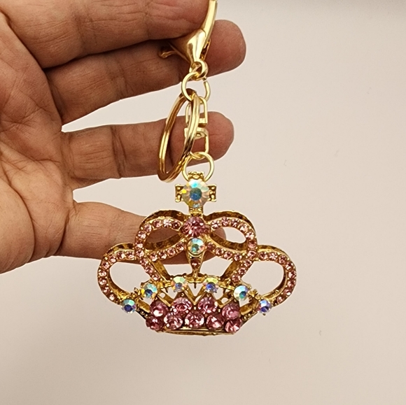 Pink Rhinestone Crown Keychain Purse Charm - Picture 3 of 7